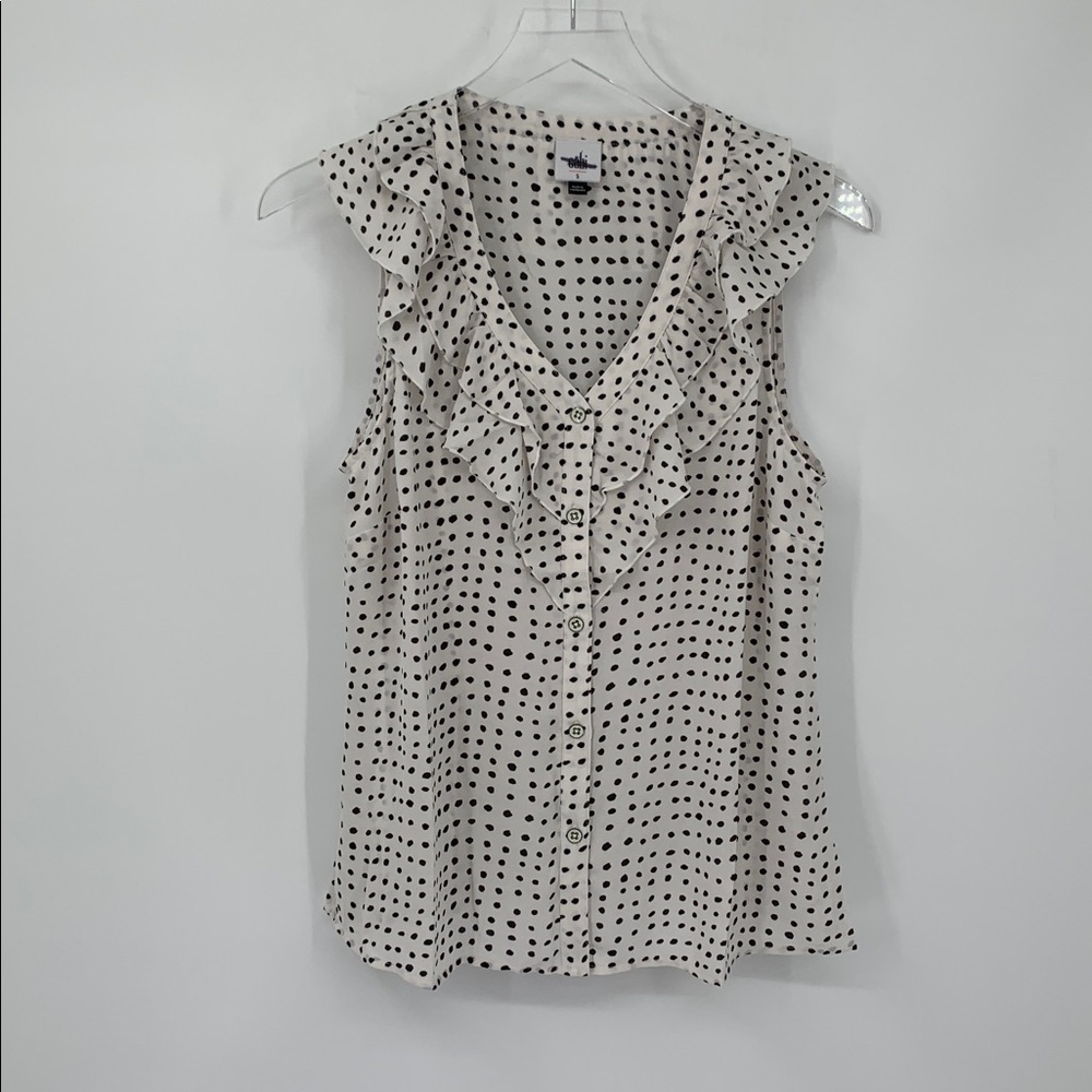 Cabi polka dot ruffle blouse top shirt sleeveless white black button new Small